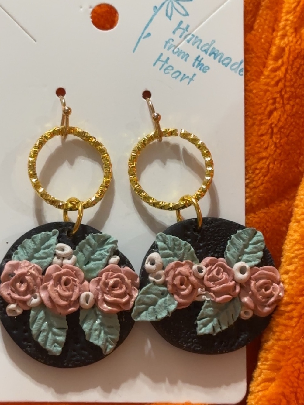 Handmade Pink Rose and Green Leaf Drop Earrings - Gold Hoop